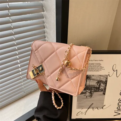 Women Quilted PU Leather Shoulder Bag With Gold Ball Adjuster Metal Chain Strap Rhombic Pattern Square Crossbody Bag