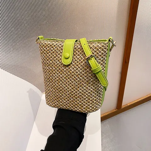 Womens Straw Bucket Bag Summer Casual Woven Crossbody Bag PU Leather Patchwork Handbag Fashion Travel Shoulder Bag