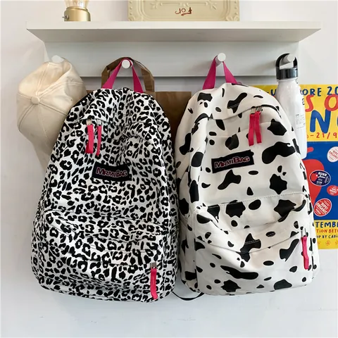 Harajuku Luipaard Koeienprint Canvas Rugzak Voor Dames Middelbare School Universiteit Studenten Mode Casual Reizen Schooltas