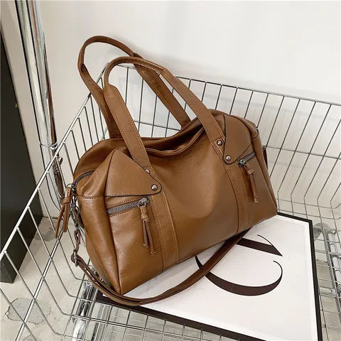 Women Vintage PU Leather Tote Bag Large Capacity Boston Handbag With Tassel Rivet Adjustable Strap For Daily Commute