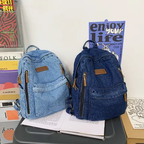 Vintage Large Capacity Washed Denim Backpack For Women Fashion School Travel Bag With Multi Pockets Denim Blue
