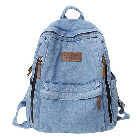 Vintage Large Capacity Washed Denim Backpack For Women Fashion School Travel Bag With Multi Pockets Denim Blue