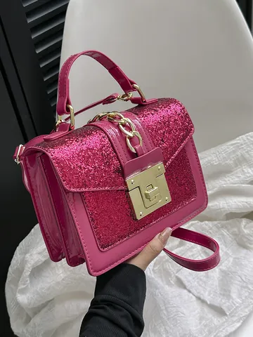 Damen Mode Glitzer PU Leder Kleine Quadratische Tasche Mit Metallkette Schloss Umhängetasche Für Alltag Party Reise