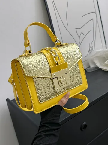 Damen Mode Glitzer PU Leder Kleine Quadratische Tasche Mit Metallkette Schloss Umhängetasche Für Alltag Party Reise