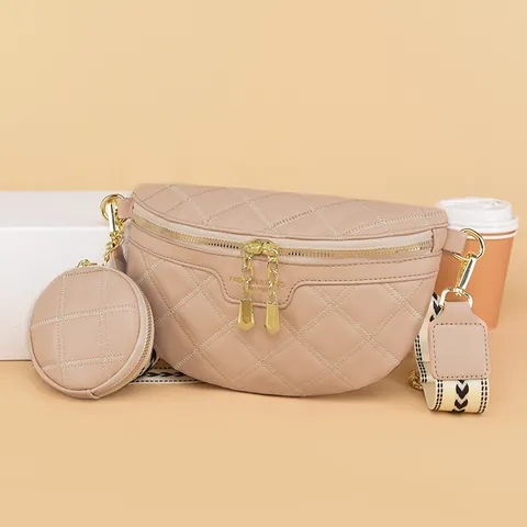 Women Quilted Rhombic Fanny Pack Waist Bag Chest Bag With Small Coin Purse Wide Geometric Print Strap PU Crossbody Bag