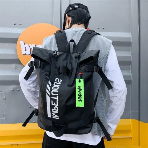 Unisex Techwear Backpack Waterproof Coated Oxford Cloth Roll Top Large Capacity Streetwear Laptop Bag Outdoor Daypack