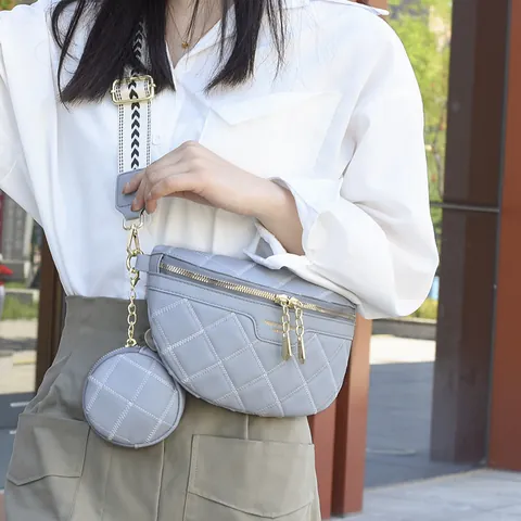 Women Quilted Rhombic Fanny Pack Waist Bag Chest Bag With Small Coin Purse Wide Geometric Print Strap PU Crossbody Bag