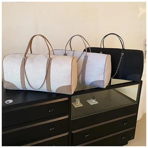 Damen Große Kapazität Segeltuch Reisetasche Mode Patchwork PU Lederbesatz Travel Tote Mit Kettendetail Schultertasche