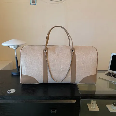 Damen Große Kapazität Segeltuch Reisetasche Mode Patchwork PU Lederbesatz Travel Tote Mit Kettendetail Schultertasche