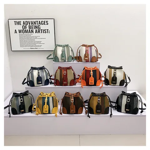 Bolso de Cubo de Lona a Rayas para Mujer Con Ribete de Cuero Cordón de Contraste Bolso de Hombro Cruzado Moda Diario