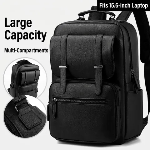 Zaino da Uomo Business Casual per Laptop Grande Capacità in Pelle PU Borsa da Viaggio Scolastica Retro Motivo Litchi