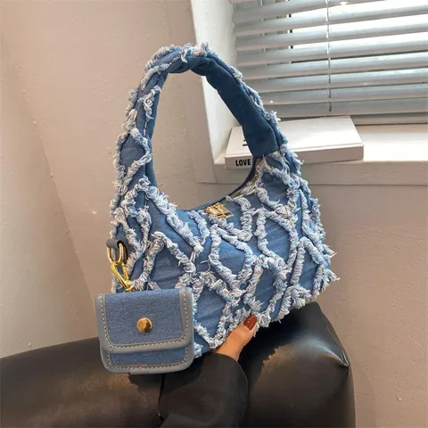 Vintage Denim Ausgefranste Handtasche Mit Rautenmuster Für Damen Mit Mini-Geldbörse Y2K Style Unterarmtasche Gold-Reißverschluss Schultertasche