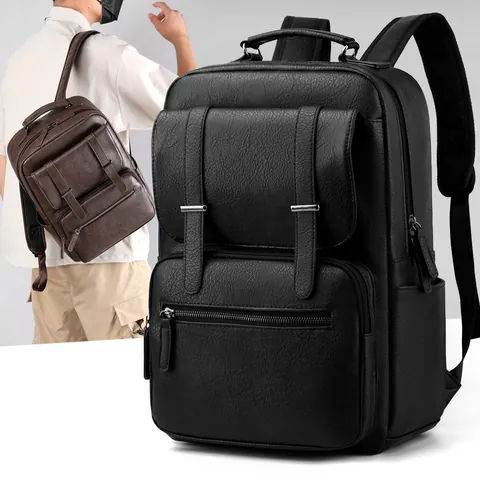 Zaino da Uomo Business Casual per Laptop Grande Capacità in Pelle PU Borsa da Viaggio Scolastica Retro Motivo Litchi