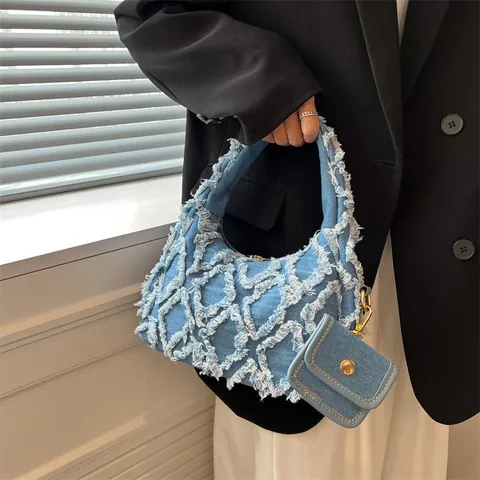 Vintage Denim Ausgefranste Handtasche Mit Rautenmuster Für Damen Mit Mini-Geldbörse Y2K Style Unterarmtasche Gold-Reißverschluss Schultertasche