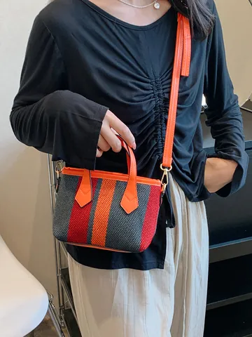 Damen Gestreifte Leinwand Gewebte Mini Tote Bag Kontrastfarbe Handtasche Kleine Umhängetasche Abnehmbarer Gurt Goldene Hardware