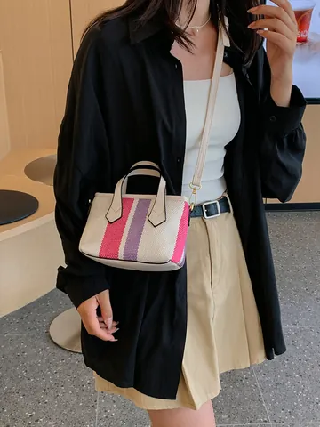 Damen Gestreifte Leinwand Gewebte Mini Tote Bag Kontrastfarbe Handtasche Kleine Umhängetasche Abnehmbarer Gurt Goldene Hardware
