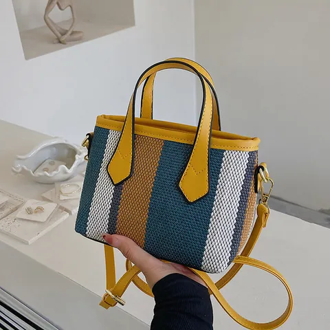 Women's Fashion Striped Canvas Bucket Bag Mini Woven Patchwork Handbag With Adjustable Strap Casual Crossbody Shoulder Bag