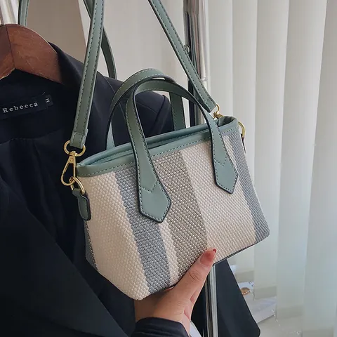 Women's Fashion Striped Canvas Bucket Bag Mini Woven Patchwork Handbag With Adjustable Strap Casual Crossbody Shoulder Bag