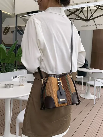 Women Striped Canvas Bucket Bag With Leather Trim Contrast Color Drawstring Shoulder Crossbody Bag Fashion Handbag Daily