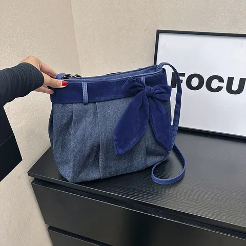 Mode Damen Denim Segeltuch Schultertasche Mit Großer Schleife Patchwork Süße Umhängetasche Geraffte Casual Große Kapazität