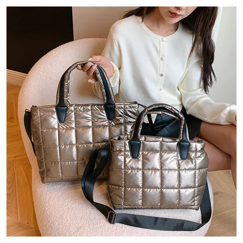 Women Quilted Puffer Bag Metallic Gloss Space Cotton Tote Shoulder Bag Crossbody Handbag With Detachable Strap Fashion