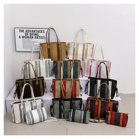 Women's Large Capacity Striped Woven Canvas Tote Bag Set Commuter Shoulder Bag With Matching Small Pouch Fashion Handbag