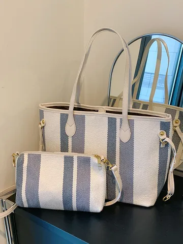 Dames Grote Capaciteit Gestreept Geweven Canvas Tote Bag Set Pendelen Schoudertas Met Bijpassende Kleine Pouch Mode Handtas