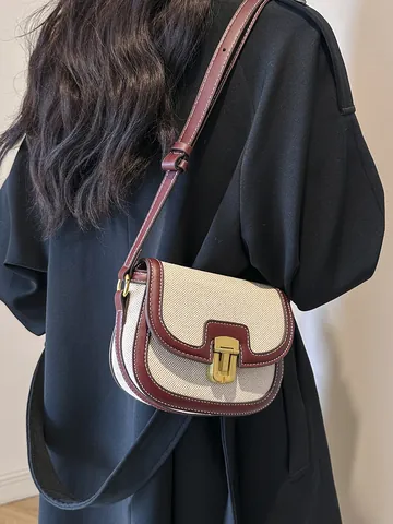 Retro Women Saddle Bag Contrast Color Canvas PU Leather Crossbody Bag Small Minimalist Shoulder Bag Metal Clasp Handbag