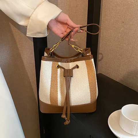 Women Vintage Striped Bucket Bag Canvas PU Leather Contrast Color Drawstring Crossbody Bag Casual Shoulder Bag Fashion Handbag