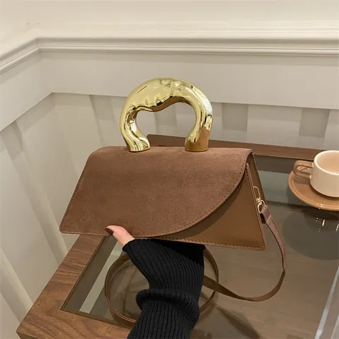 Women Elegant PU Leather Handbag Gold Irregular Metal Handle Minimalist Suede Texture Shoulder Crossbody Bag Casual Party
