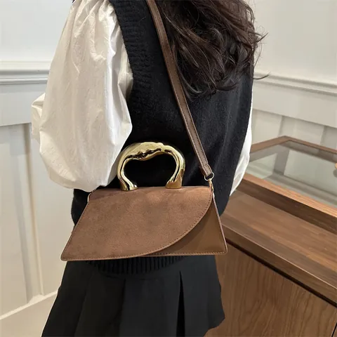 Women Elegant PU Leather Handbag Gold Irregular Metal Handle Minimalist Suede Texture Shoulder Crossbody Bag Casual Party