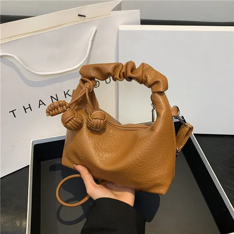 Retro Ruched Handle Crescent Hobo Bag For Women PU Leather Shoulder Bag With Knotted Charms Adjustable Strap Daily Handbag