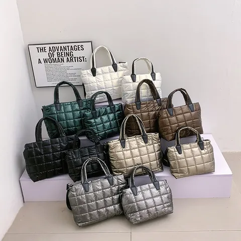 Γυναικεία Καπιτονέ Τσάντα Puffer Μεταλλική Λάμψη Διαστημικό Βαμβάκι Tote Τσάντα Ώμου Τσάντα Χιαστί Με Αποσπώμενο Λουράκι Μόδα