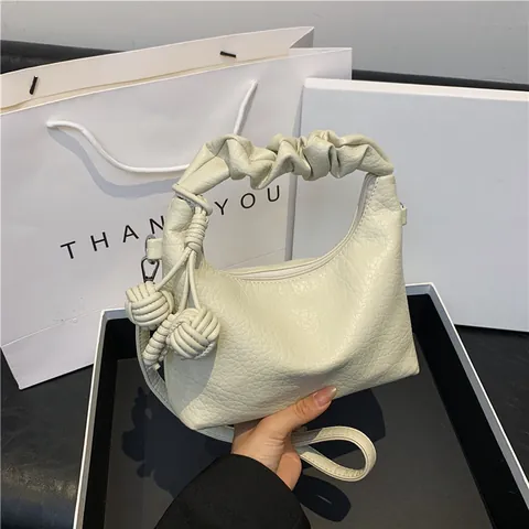 Retro Ruched Handle Crescent Hobo Bag For Women PU Leather Shoulder Bag With Knotted Charms Adjustable Strap Daily Handbag