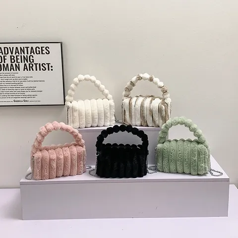 Women Plush Faux Fur Handbag Metal Chain Strap Soft Striped Top Handle Crossbody Bag Casual Autumn Winter Fashion Purse
