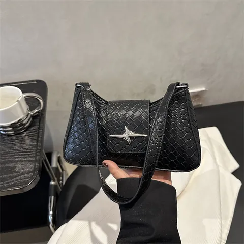 Fashion Women Star Buckle Underarm Bag PU Leather Woven Crocodile Pattern Shoulder Handbag Simple Casual Commuter Bag