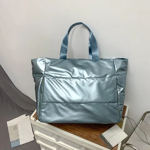 Bolso Tote Acolchado Metálico de Gran Capacidad para Mujer Bolso de Mano de Nylon para Viaje Deporte Hombro