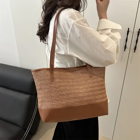 Large Capacity Straw Woven Tote Bag For Women Summer Casual Beach Shoulder Bag With PU Leather Splicing Fashion Travel Handbag