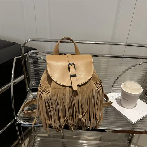 Zaino Bohémien da Donna Con Frange in Pelle PU e Camoscio Piccola Borsa a Spalla Quadrata a Patta Casual