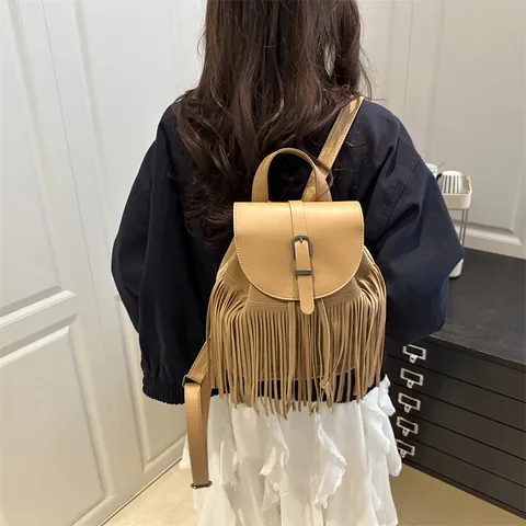 Zaino Bohémien da Donna Con Frange in Pelle PU e Camoscio Piccola Borsa a Spalla Quadrata a Patta Casual