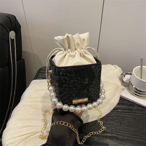 Borsa a Secchiello da Donna alla Moda in Pelle PU con Motivo a Serpente Manico di Künstliche Perle Catena in Metallo Coulisse Borsa a Tracolla