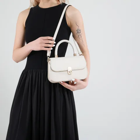 Women French Minimalist PU Leather Small Square Crossbody Bag With Top Handle Gold Lock Adjustable Strap Shoulder Handbag