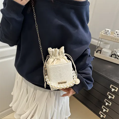 Borsa a Secchiello da Donna alla Moda in Pelle PU con Motivo a Serpente Manico di Künstliche Perle Catena in Metallo Coulisse Borsa a Tracolla