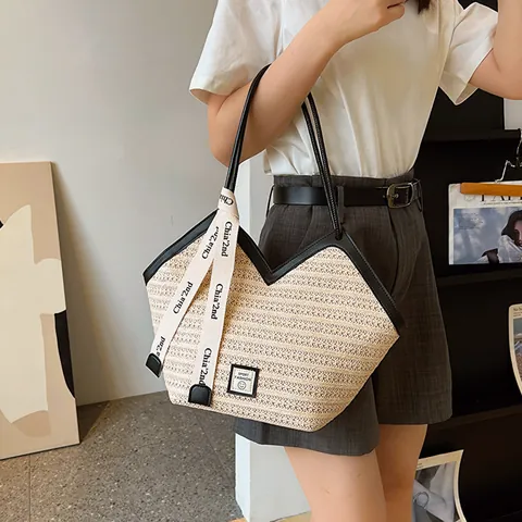 Damen Große Kapazität Stroh Tragetasche Retro V-Ausschnitt Gewebte Umhängetasche Mit Buchstabenband Lässige Strand Reise Handtasche