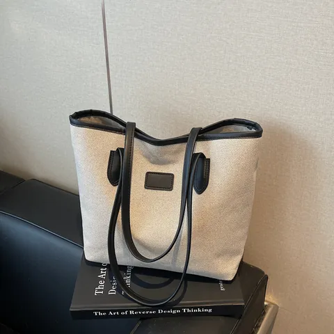 Borsa Tote in Tela di Grande Capacità da Donna Minimalista con Finiture in Pelle PU a Contrasto Borsa a Tracolla Pendolare