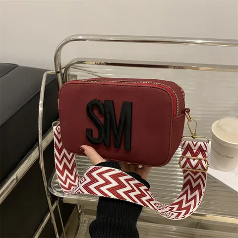 Women Fashion Camera Bag With Wide Patterned Shoulder Strap Letter Decoration Small Square Crossbody Bag Faux Suede Purse