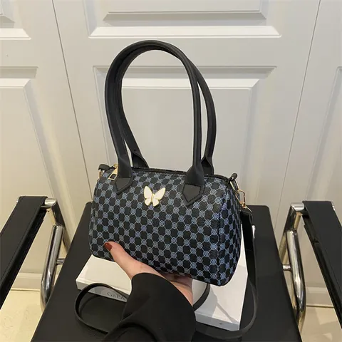 Borsa Boston da Donna in Pelle PU Vintage Alta Capacità Motivo Geometrico Borsa a Cilindro Con Fibbia a Farfalla Tracolla Rimovibile