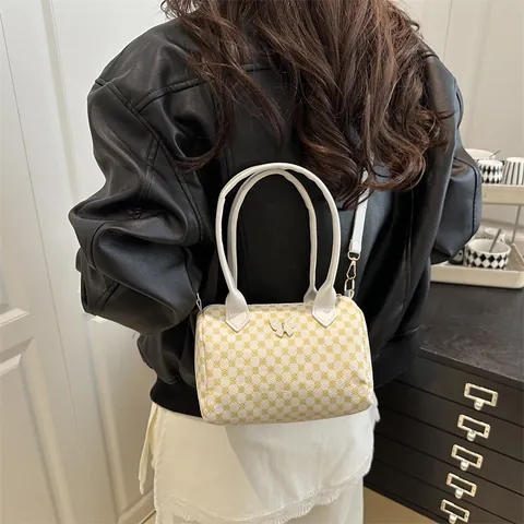 Borsa Boston da Donna in Pelle PU Vintage Alta Capacità Motivo Geometrico Borsa a Cilindro Con Fibbia a Farfalla Tracolla Rimovibile