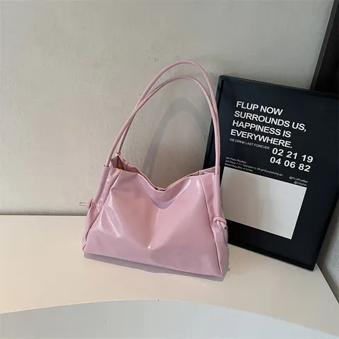 Minimalist Shiny PU Leather Tote Bag For Women Large Capacity Pleated Shoulder Bag With Side Knot Decorative Commuter Handbag