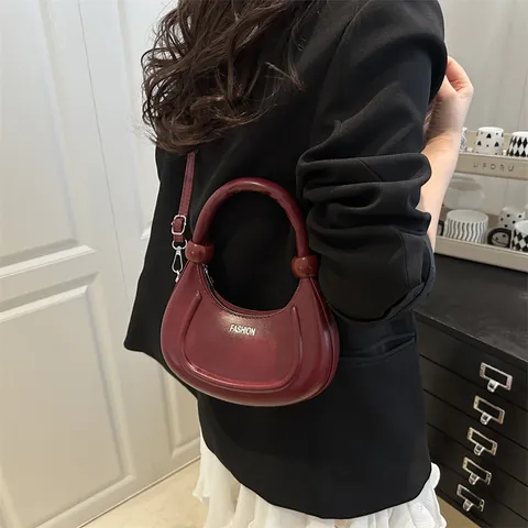 Women PU Leather Half Moon Bag Crescent Handbag Fashion Letter Underarm Bag Adjustable Shoulder Bag Versatile Tote Purse